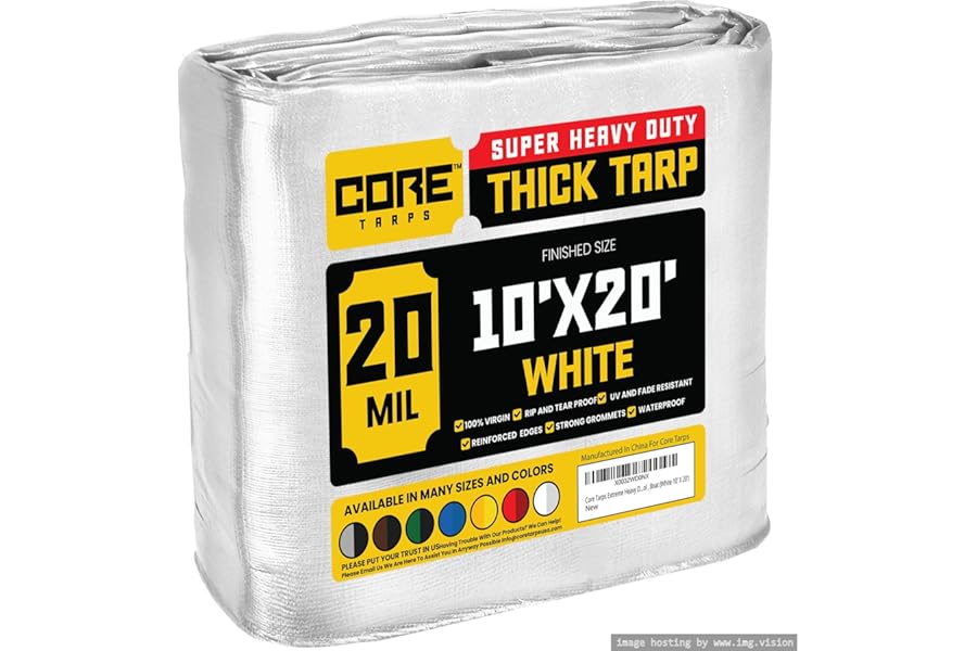 Core Tarps Extreme Heavy Duty 20 Mil Tarp Cover, Waterproof, UV Resistant, Rip and Tear Proof, Poly Tarpaulin with Reinforced Edges for Roof, Patio, Pool, Boat (White 10′ X 20′)