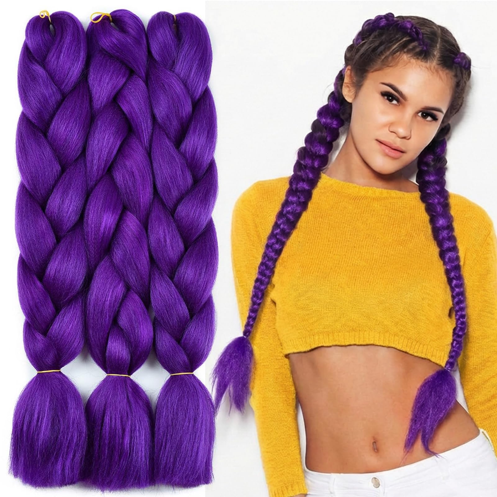 BUYOGET Jumbo Braiding Hair Extensions for Women 3 Bundles 24 Inch High Temperature Kanekalon Braiding Hair for Twist Crochet Box Braids Purple