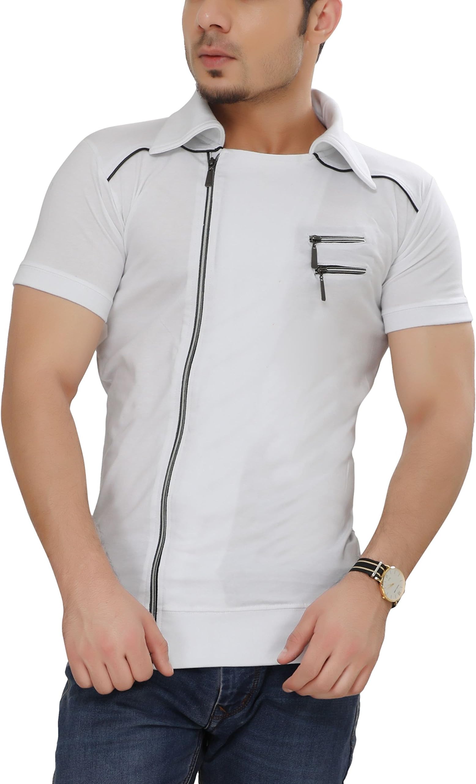 tees collection Men's Cotton Half Sleeve Side Zipper White Color T-Shirt with Collar
