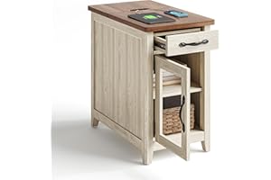 LINSY HOME Farmhouse End Table with Charging Station, Narrow Side Table for Living Room, Sofa Side Table with Drawer and Storage Cabinet, Small Nightstand for Home Office