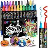 Betem 24 Colors Dual Tip Acrylic Paint Markers, Fabric Decorating Kits | Acrylic Paint Pens Art Supplies for Fabric, Rock, Wood, Glass, Canvas, Ceramic, Pumpkin Painting Kit & Halloween Crafts