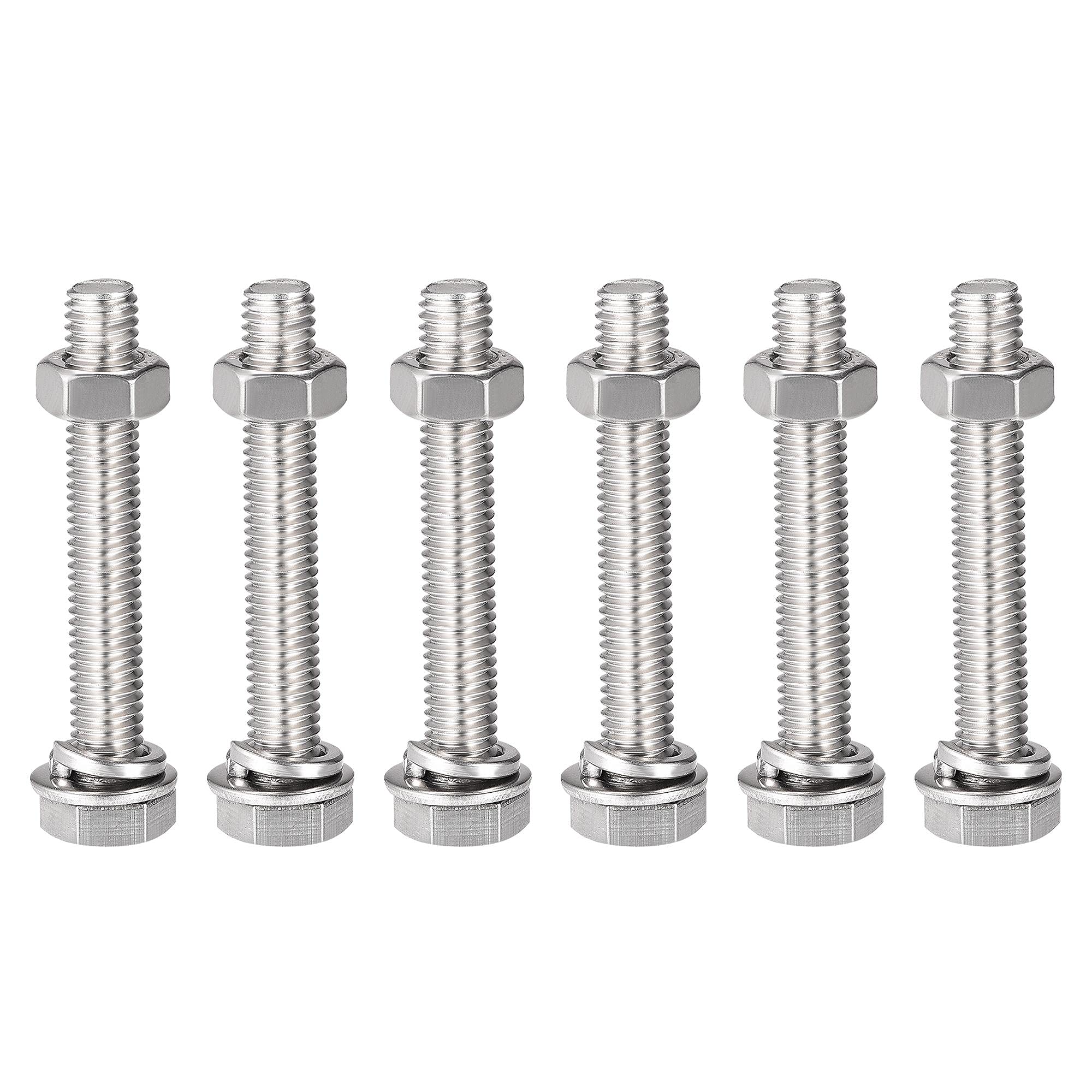 sourcing map M8 x 50mm Hex Head Screws Bolts, Nuts, Flat & Lock Washers Kits, 304 Stainless Steel Fully Thread Hexagon Bolts 6 Sets — image 1