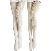 Jiuguva 2/4 Pairs White Lace Tight Hollow out Knitted Patterned Tight for Women Lace Heart Stockings Fishnet Bridal Pantyhose