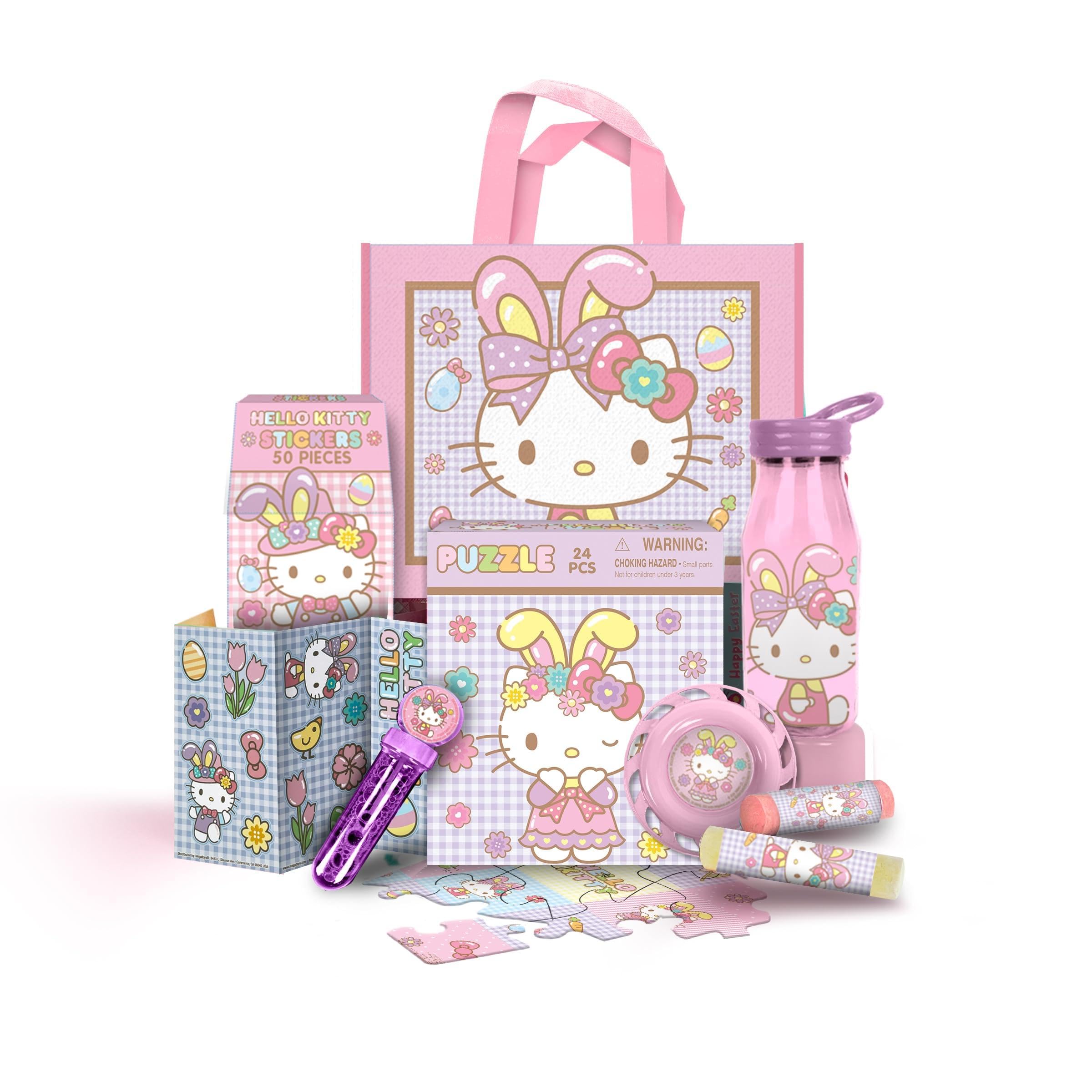 Megatoys Hello Kitty Easter Tote Bag Gift Set - Tote Bag, 24-Piece Puzzle, Water Bottle, 50-Piece Sticker Pack, Yo-Yo, Bubble Wand, Chalk Set, Flying Disc (Frisbee)