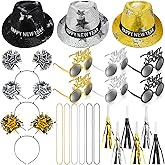 Zeyune 24 Pcs 2026 New Year Eve Party Supplies for 12 Guests Happy New Year Headbands Hats Glasses Tassel Beaded Necklaces Noise Makers Bulk Party Favors Decorations 2026