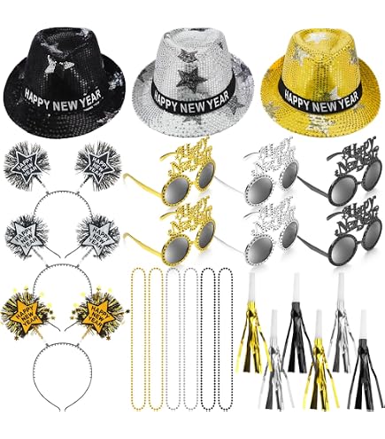 Pack De 39 Accesorios Para Fiesta De Nochevieja 2026 | Gorros, Diademas, Cuernos Y Globos De Látex | Decoración Festiva Para Niños Y Adultos