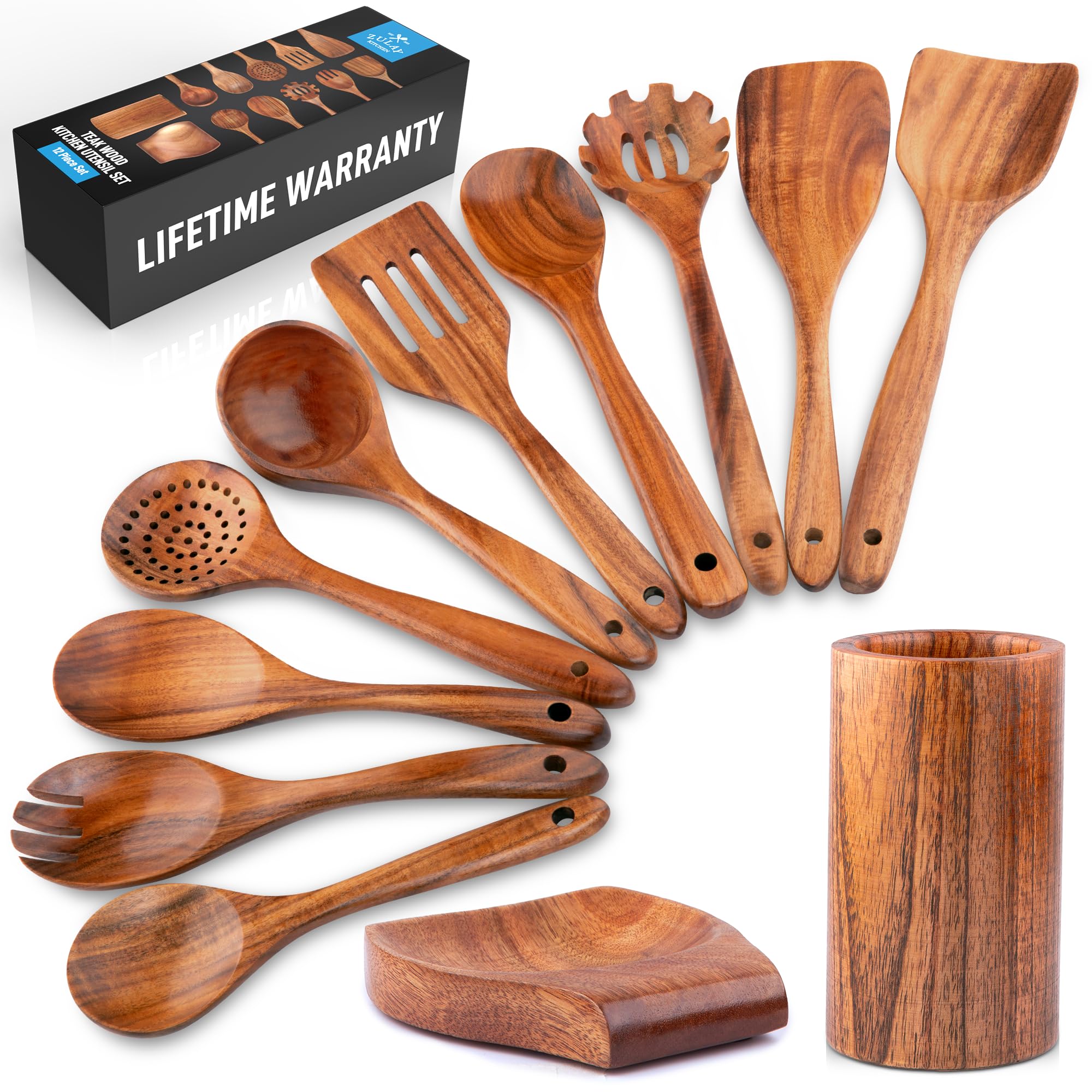 Zulay Kitchen 12-Piece Teak Wooden Utensils for Cooking - Natural Teak Utensil Set with Premium Gift Box - Non-Stick Wooden Spoons for Cooking - Kitchen Gift Set - Comfortable Grip Wooden Utensil Set Image