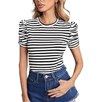 Women's Striped Short Sleeve Tee - Round Neck Summer Shirt, Lightweight & Stretchy, Casual Wear