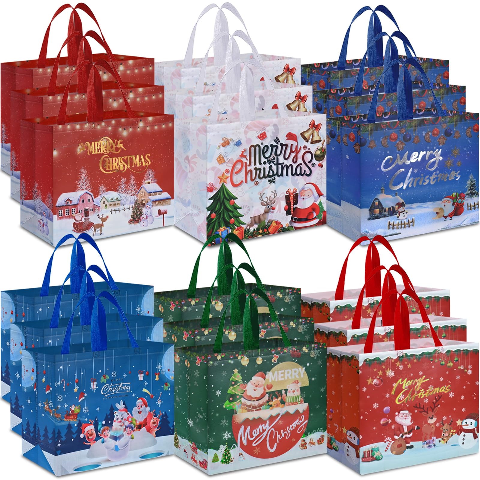 AhfuLife Extra Large Christmas Bags for Gift,18pcs Xmas Gift Tote Bags with Handles, Reusable Multipack Non-woven Christmas Treat Shopping Bags, Xmas Party Favor Bags Decorations, 40 x 36 x 15cm