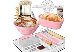 BICRET Sourdough Starter Kit with Jar – Complete Sourdough Bread Baking Supplies for Beginners, Includes 2 Silicone Proofing Baskets Baking Mat Sour Dough Kit - Pink