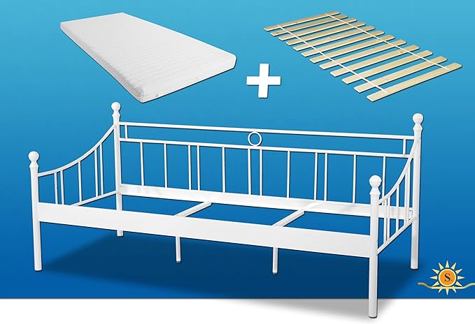 Bett mit Matratze und Rollrost 90x200cm. Metallbett Rollrost Schaumstoffmatratze Sunrise. Prinzessinnenbett, Kinderbett, Mädc