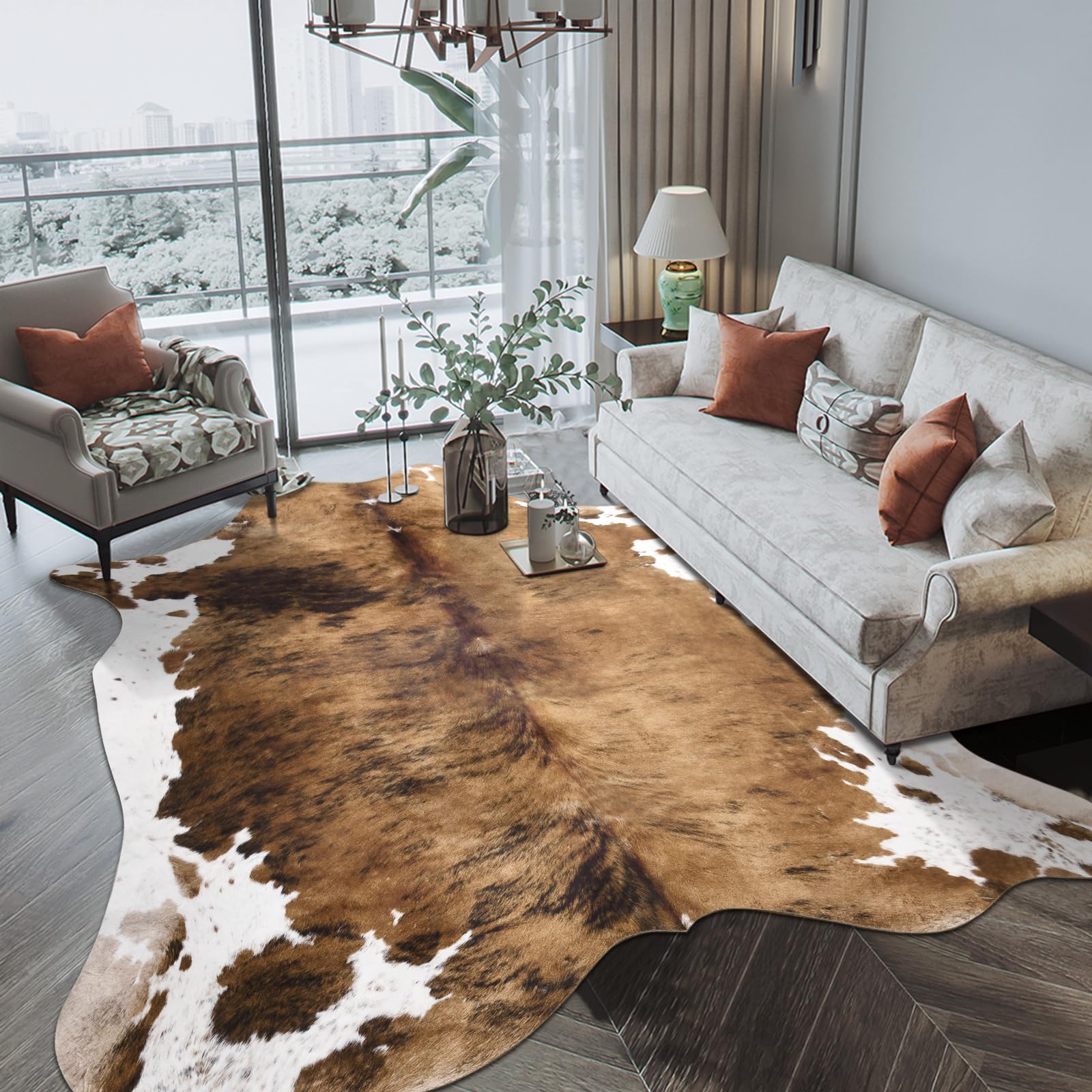Photo 1 of Pettop Luxury Faux Cowhide Rug 5.3x6.2 Feet - Western Cow Print Area Rugs for Living Room, Bedroom, Farmhouse - Premium Western Style Faux Fur Carpet, Non-Slip Animal Hide Throw Rugs (Caramel)