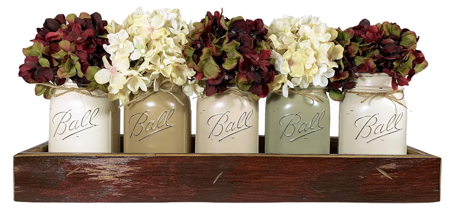 Mason Canning JARS in Wood ANTIQUE RED Tray Centerpiece