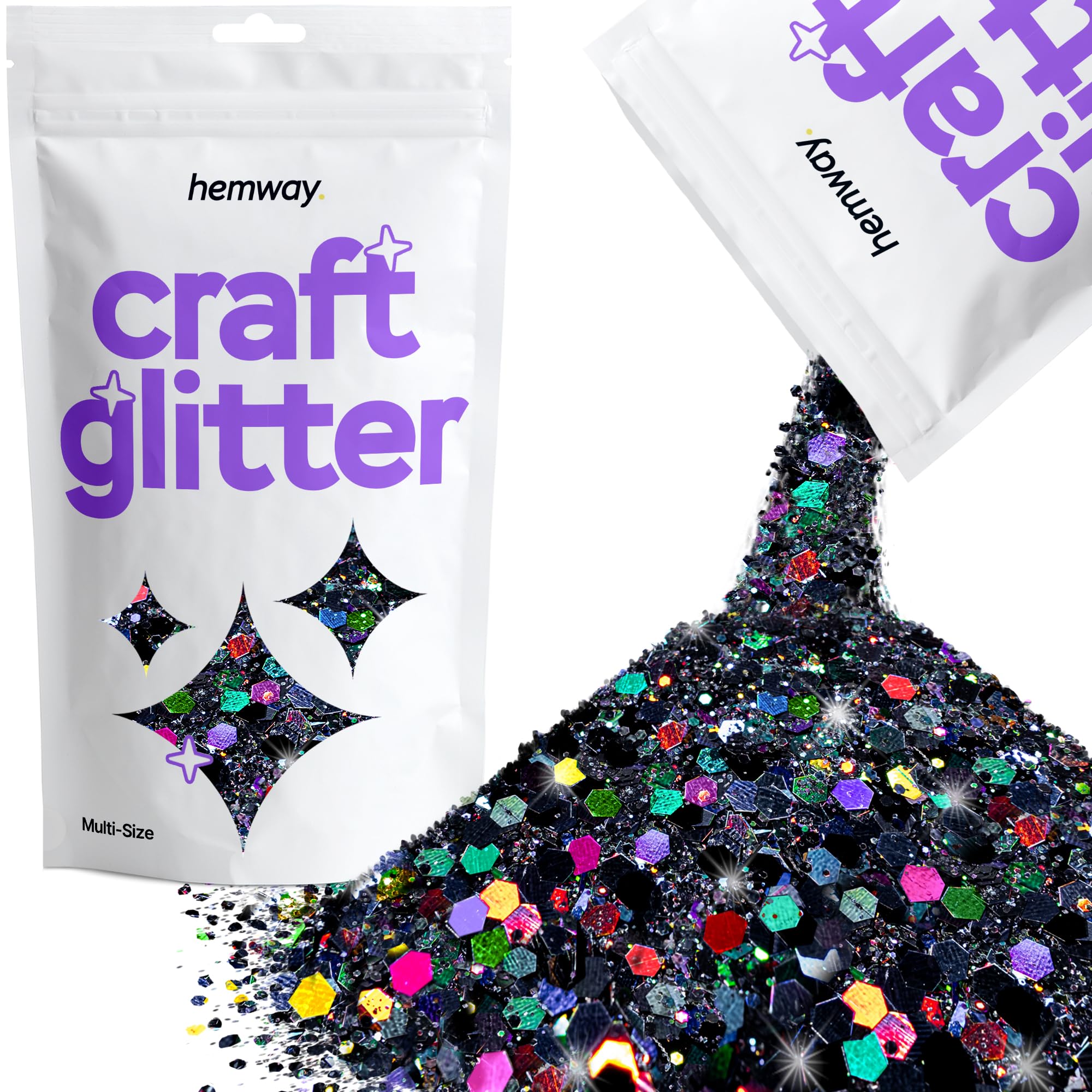 Hemway Craft Glitter Black Holographic 100g Multi Size Glitter for Crafts, Resin, Cosmetic, Nail, Face, Body, Festival, Tumblers, Art, Candle, Crafting