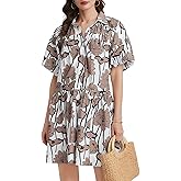 Kedera Women's Summer Button Down Shirt Dress Floral Puff Short Sleeve Casual Loose Fit Beach Mini Dresses