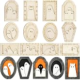 12 Pcs Halloween Crafts Wooden Ghost DIY Frames Decorating Unfinished Wood Painting Ghost Craft Ornaments Fall Halloween Arts and Crafts Kits for Adults Kids Haunted House Activities Party Supplies