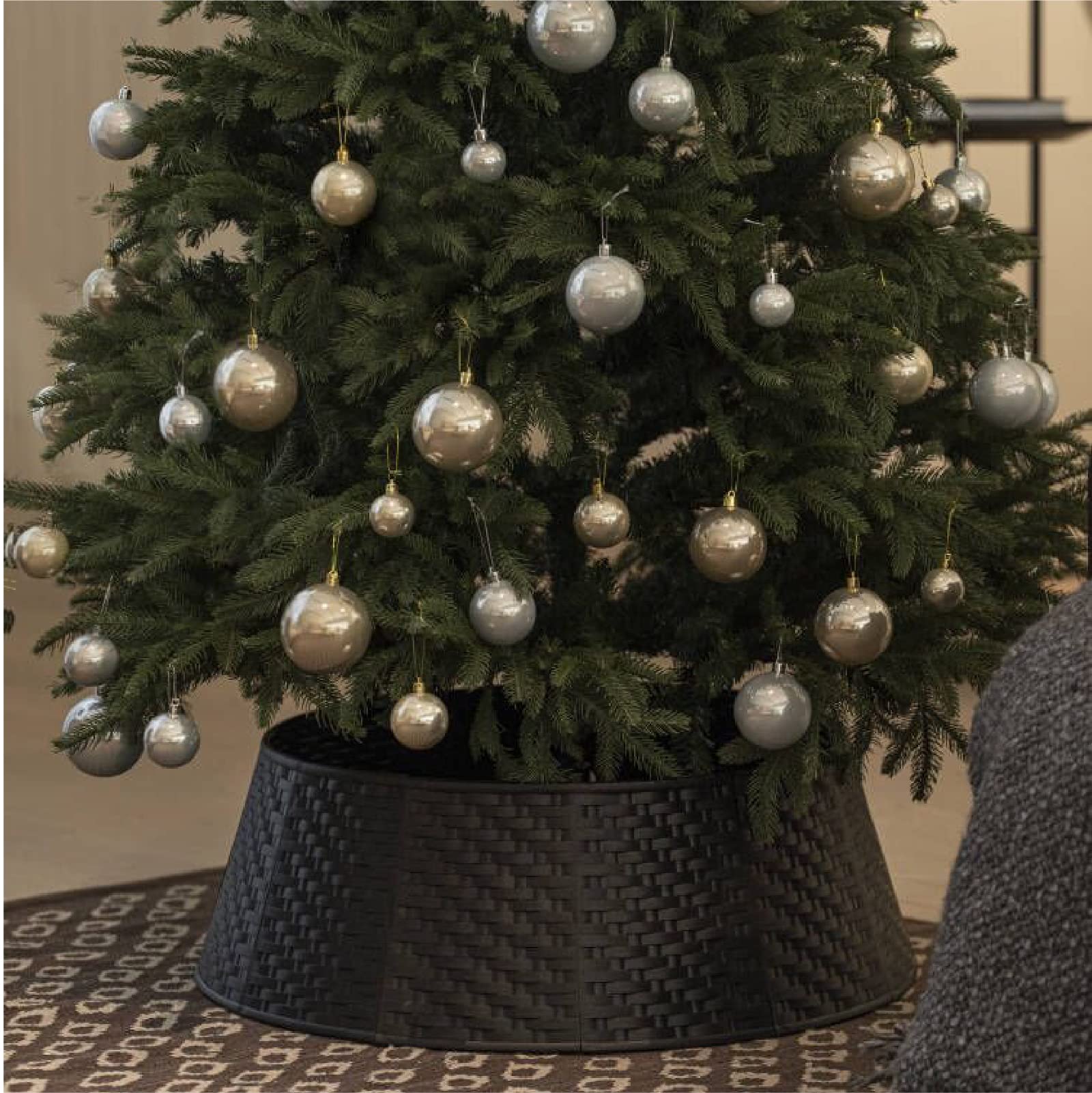 Round Christmas Tree Skirt - Sturdy & Durable Christmas Tree Collar - 9.1" H 22.8" Top & 28" Base Diameter Woven Design Xmas Tree Skirt - 12 Pieces Plastic Ring for Artificial or Real Trees - Black — image 1