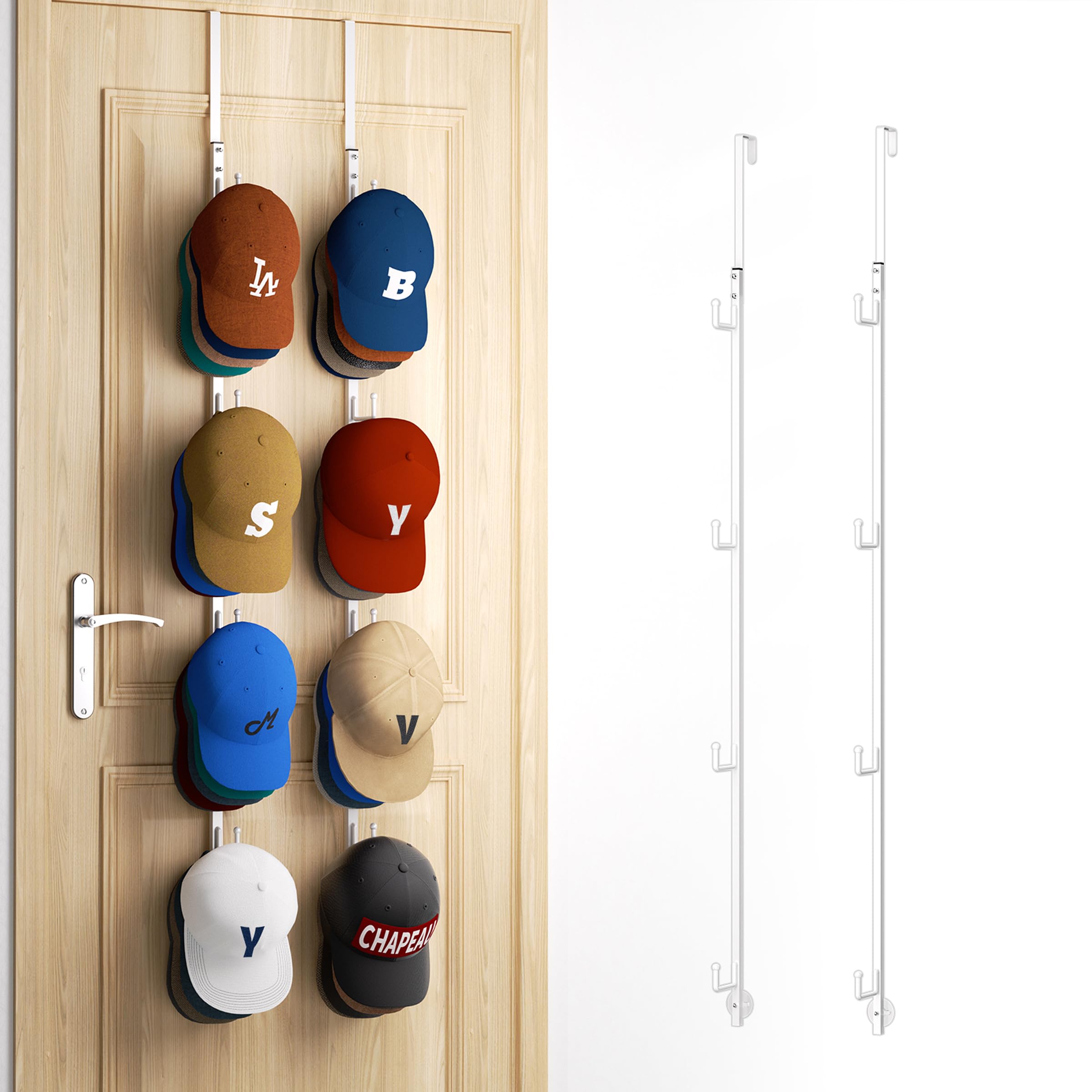 Photo 1 of **MISSING HARDWARE**
HapiRm Over Door Hat Rack - 2 Packs Hat Organizer with 8 Hooks Design, Hanging Baseball Cap Organizer Storage Holds Up to 40 Caps for Door, Bedroom, Closet (White)