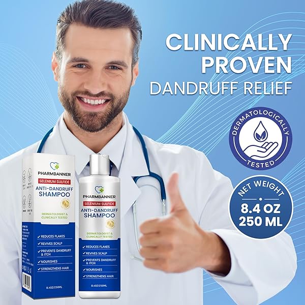 PHARMBANNER ANTI-DANDRUFF SHAMPOO WITH SELENIUM SULFIDE: FOR FLAKY SCALP, ITCHING & SEBORRHEIC DERMATITIS RELIEF – MENTHOL & LAVENDER OIL – MOISTURIZING, COLOR SAFE, GENTLE FOR ALL HAIR TYPES – 8.4OZ