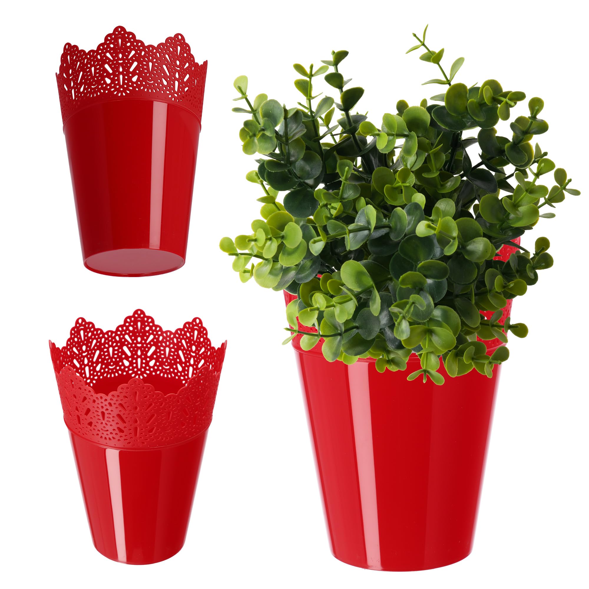 KADAX Plastic Lace Flower Pot 9 Colors Lace Flower Pot Flower Pot Protector for Office Pot Garden Bowl Flower Pot Planter (Diameter 16.5cm, Height, Red)