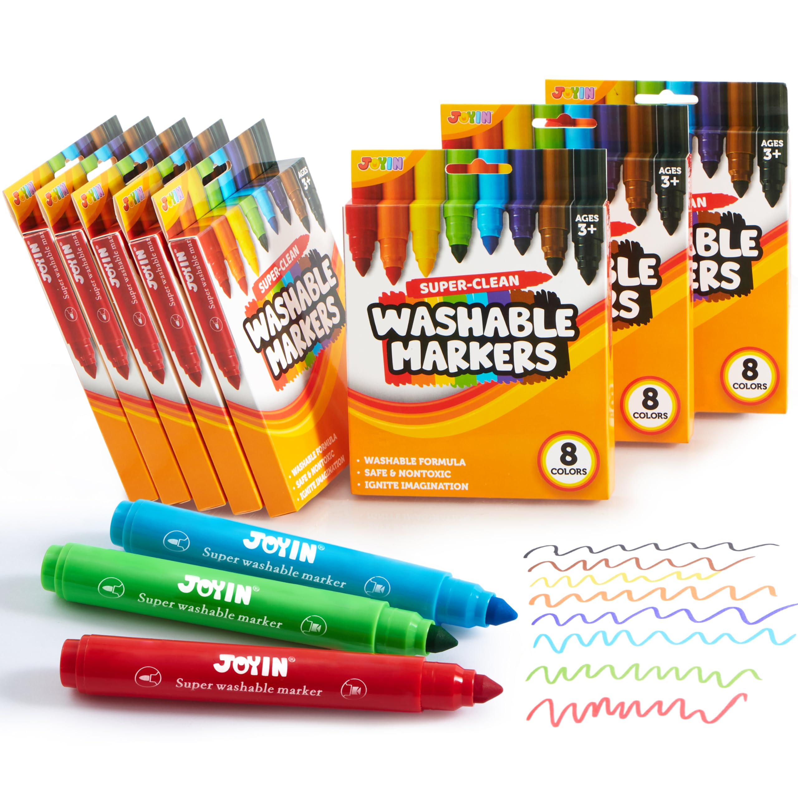 JOYIN 64 Count Washable Marker Set,Kids Felt Tip Pens,Drawing Coloured Pens Felt Pens,Non Toxic Markers for Kids Ages 3+,Colouring Set for Arts and Crafts Supplies (8 Assorted Colors, 8 Packs )