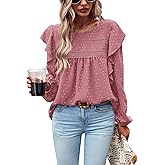 PRETTYGARDEN Women's Long Sleeve Shirts Ruffle Swiss Dot Crochet Loose Fit Tunic Dressy Casual Tops Blouses Spring Fashion