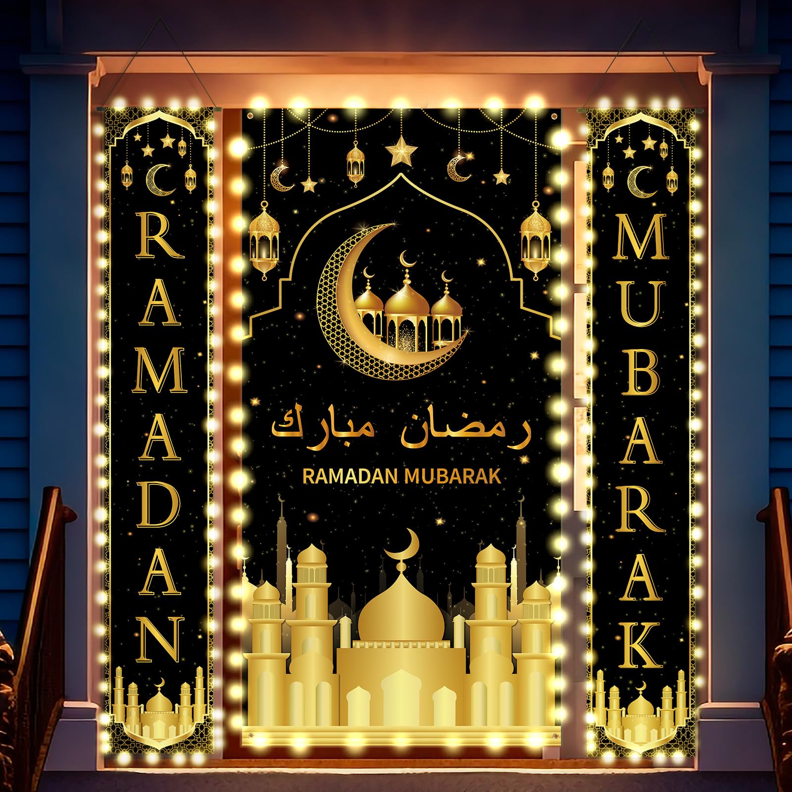 Photo 1 of Preboun 3 Pcs Ramadan Mubarak Hanging Banner LED Eid Mubarak Decoration Set 71 x 35.4/11.8 Inch Lighted Black and Gold Moon Lantern Backdrop and Porch Sign Ramadan Mubarak Decoration Outside Outdoor