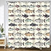 Abaysto Fish Shower Curtain Blue Vintage Fishes Drawing Salmon Trout Fishing Shower Curtains Drawn Carp Cartoon Lake Fish Bathroom Decor Polyester Fabric Shower Curtain Sets with Hooks 72x72 Inch