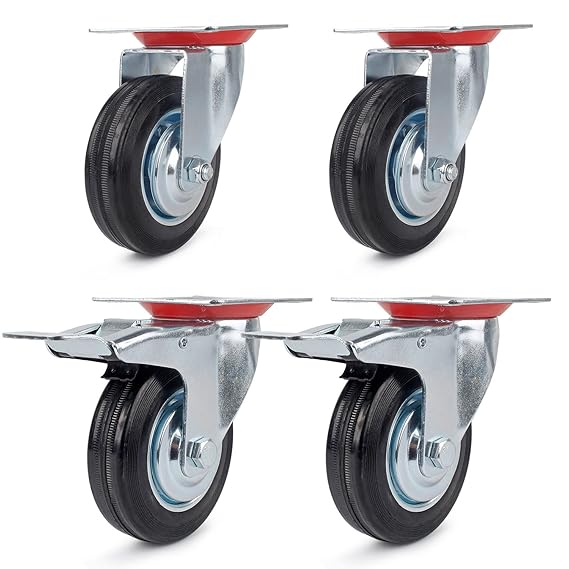 2 Lenkrollen 100mm + 2 Lenkrollen mit Bremse 100mm Transportrollen Schwerlastrolle Stahlblech Verzinkt 70KG/R