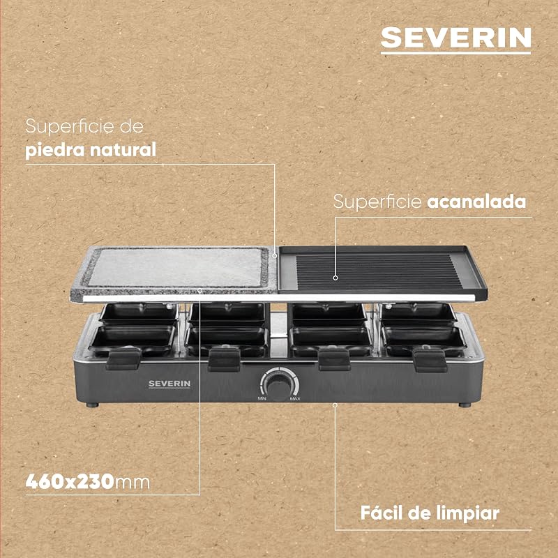 Raclette severin com pedra natural e placa para grelhar, grelha com grelha antiaderente e 8 panelas, grelha elétrica para 8 pessoas, máx. 1400 w, preto, rg 2371