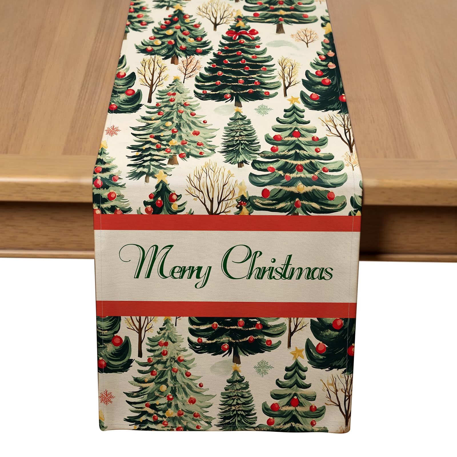 Photo 1 of ?VIV CHERBL Christmas Table Runner with Christmas Trees, Red Berries & Merry Christmas Greetings, Table Decoration for Dining Party and Home Decor,108x13 inches