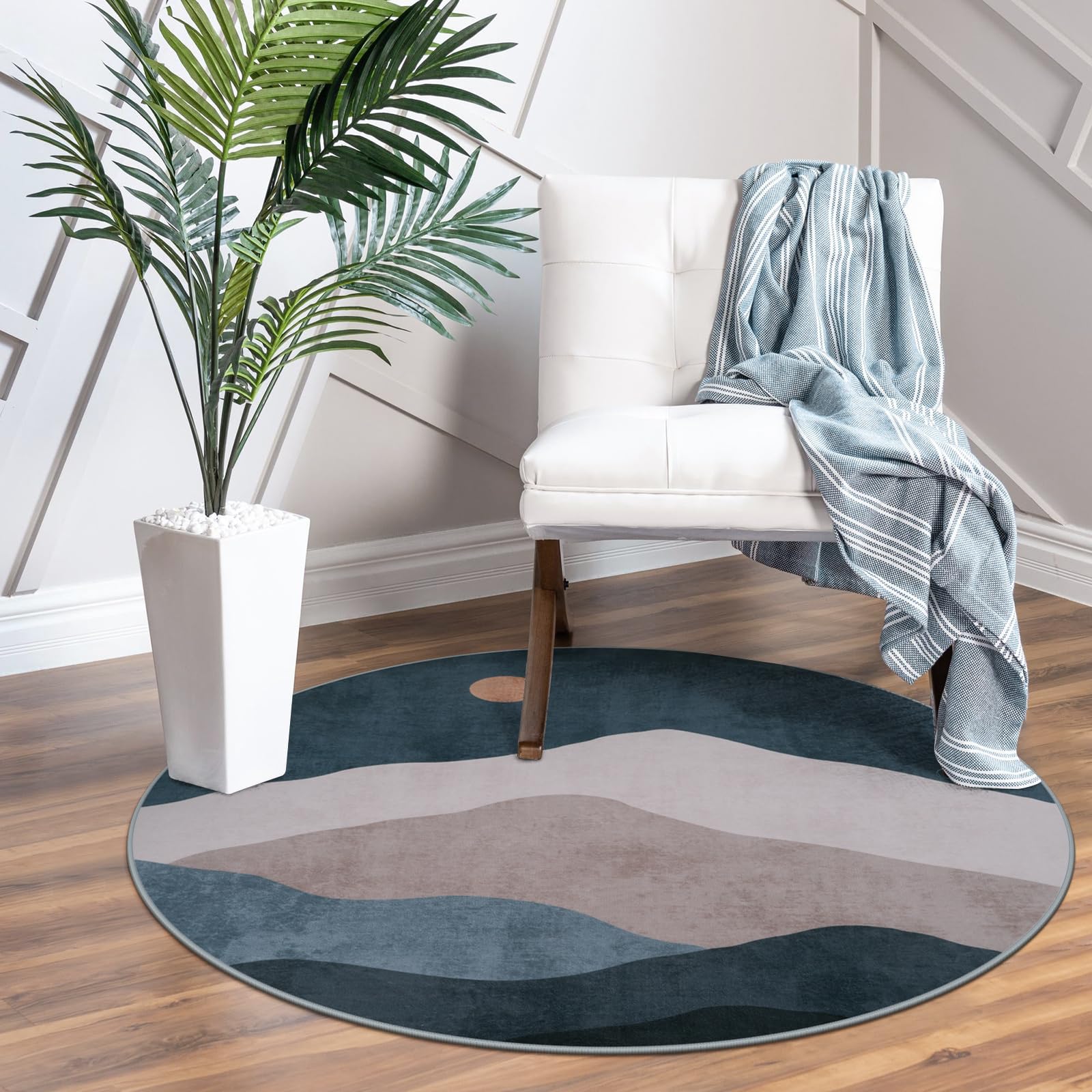 Photo 1 of Sungea 3ft Abstract Round Rug,Boho Washable Non-Slip Mountain Rugs for Entryway,Soft Ultra-Thin Small Indoor Throw Rugs for Bedroom/Bathroom/Laundry Room/Kitchen (Blue)