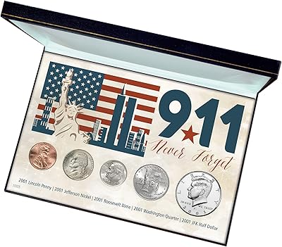 9-11 Never Forget Coin Collection in Display Box, September 11, 2001 Five Piece Coin Set