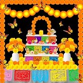 64 Pcs Dia De Los Muertos Altar Ofrenda Wooden Day of the Dead Ofrenda Altar with Photo Frame Altar De Muertos Ofrenda Decoration Included Marigold Garland Banner Marigold Flowers Butterflies Candles