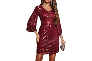 Dressystar Sequin Dress for Women Sparkly Formal V Neck Long Slit Sleeves Glitter Bodycon Cocktail Party Prom Dresses
