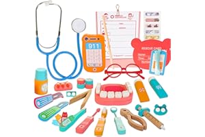 LAWCEPHUN Wooden Dentist Kit for Kids, 41 Pieces Toy Medical Kit with Stethoscope & Medical Storage Bag, Montessori Pretend Doctor Kit Toys for 3 4 5 6 Years Old Boys Girls