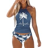 Women's 2 Piece Printed Tankini Swimsuits Drawstring Bathing Suits
