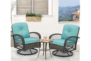 EROMMY 3 Pieces Outdoor Swivel Rocker Patio Chairs, 360 Degree Rocking Patio Conversation Set with Thickened Cushions and Glass Coffee Table for Backyard, Blue
