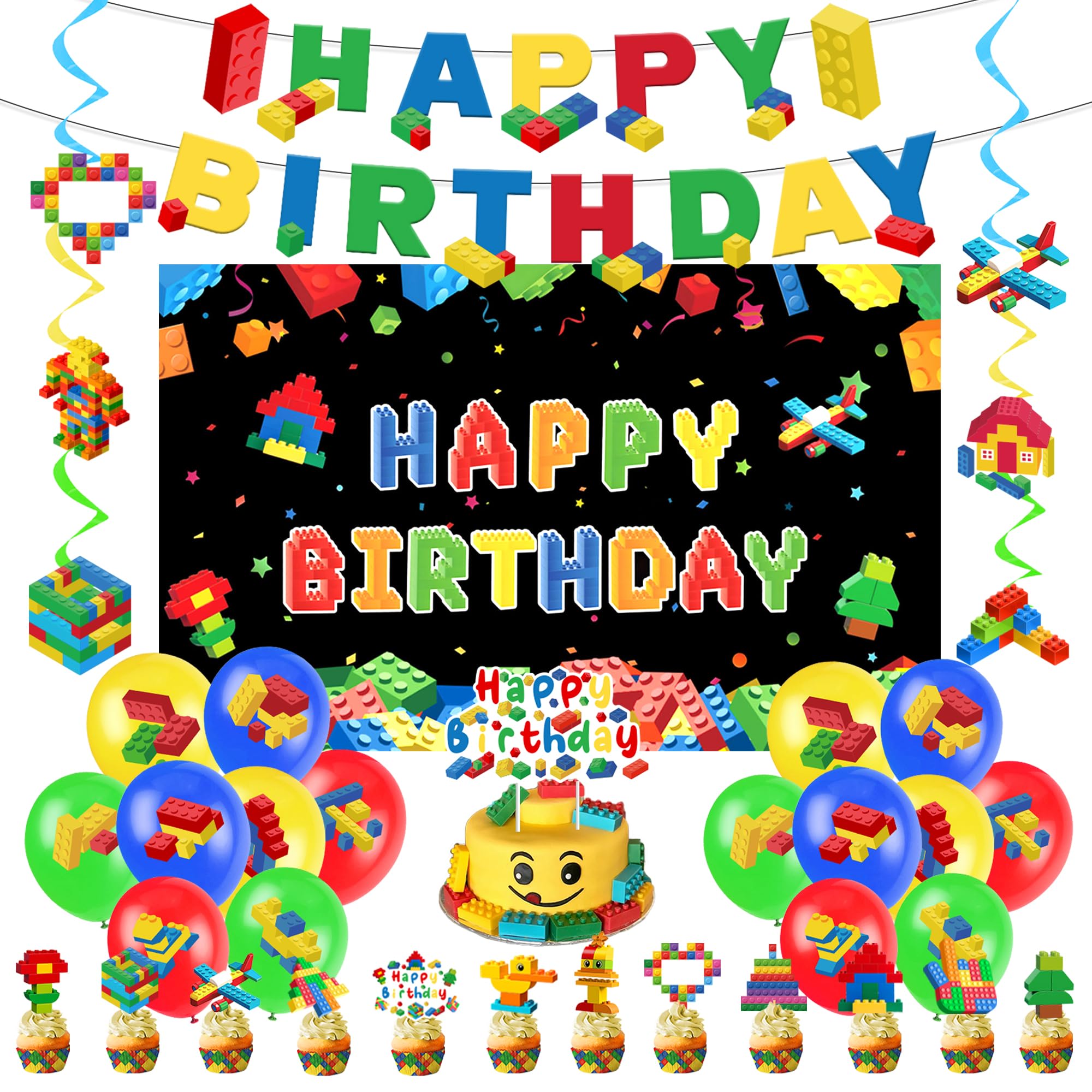 Photo 1 of Holkcog Building Blocks Birthday Decorations, Kids Building Blocks Theme Party Supplies, Summer Colorful Themed Birthday Party Pack Ballons, Banner, Colorful Cake Topper for Boys Bday