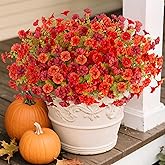 Hrobek Fall Artificial Flowers for Decoration, 12 Bundles Fake Mums Autumn Flower Plants Petunias, Faux Silk Morning Glory Eucalyptus for Planter Garden Porch Front Door Window Box, Orange Red