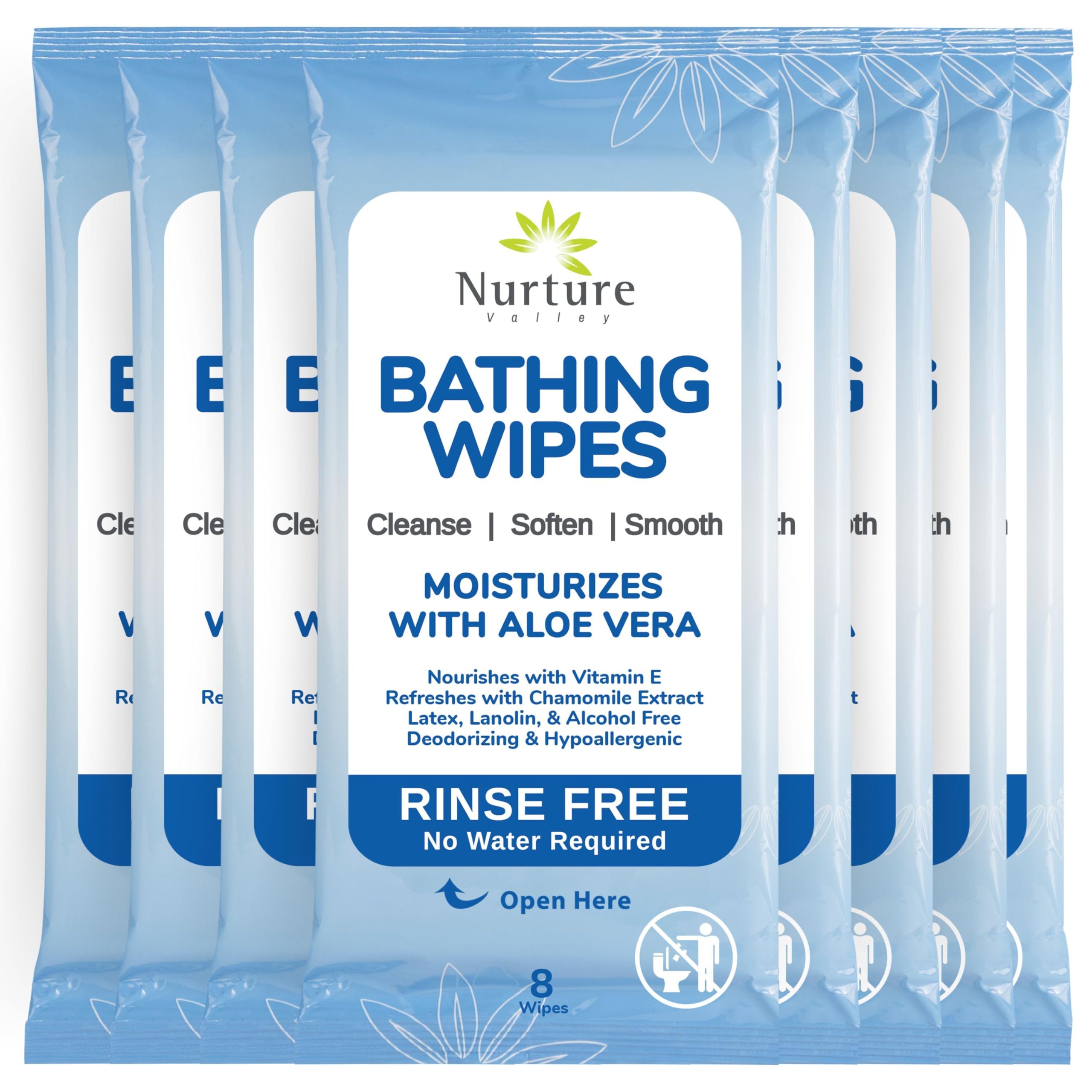 Rinse Free Bathing Wipes (8-Pack) | 64 Microwavable Adult Cleansing Body Bath Wash Cloths with Aloe Vera & Vitamin E - No Water or Rinse Required - Latex Lanolin and Alcohol Free - 8 Packs of 8 Wipes