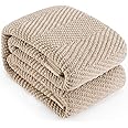 LONG CREATE Knitted Throw Blanket 50"X60", Taupe Knit Throws for Bed, Super Soft Boho Chevron Blankets for Couch Sofa Chair Room Decor, Textured Decorative Farmhouse Cozy Lightweight