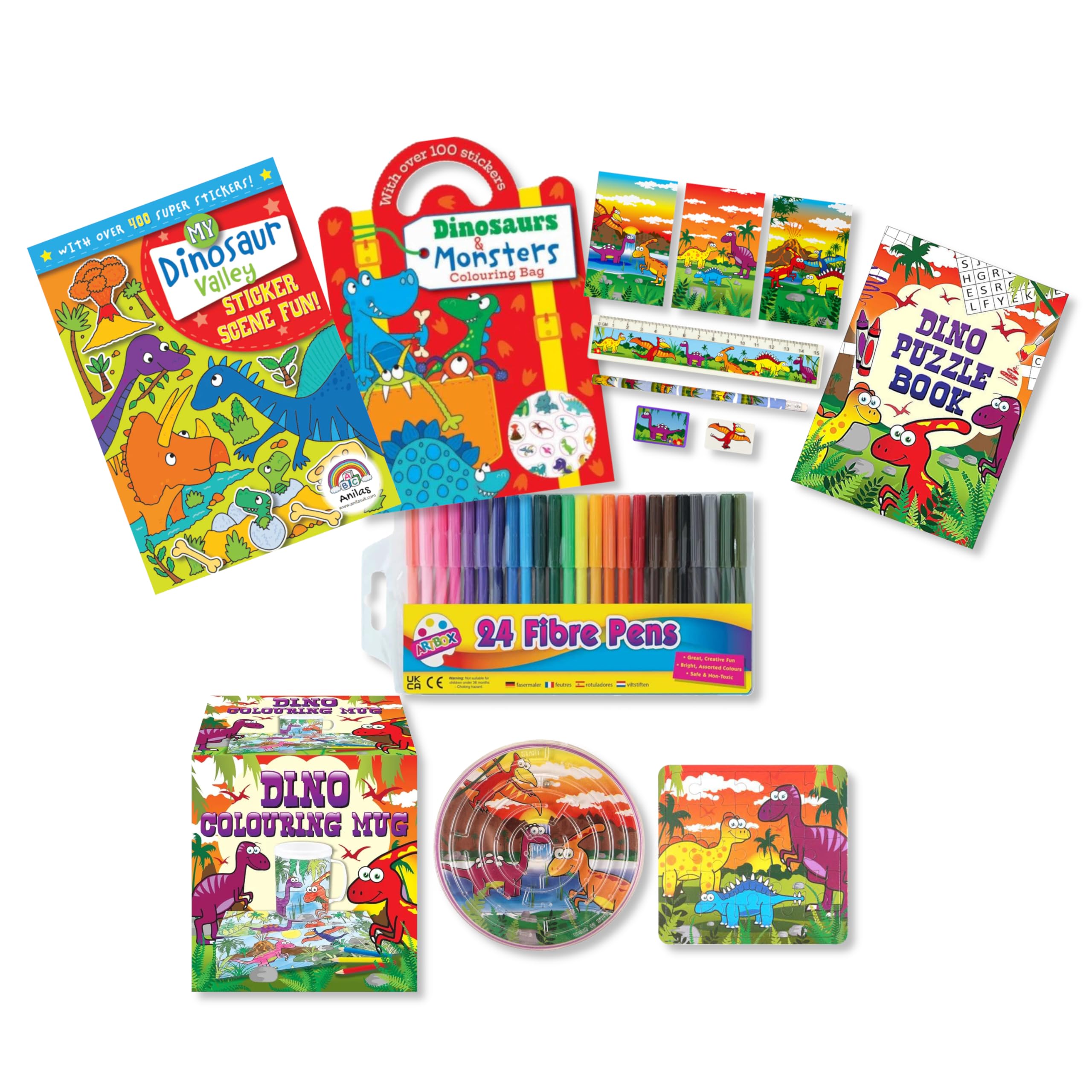 Anila's Dinosaur Themed Mega Activity Set with Colouring, Sticker & Activity Books, Puzzles, Colouring Mug, Stationery & Felt Tip Pens. Perfect for Ages 3-8