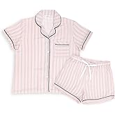 DEMDACO Pink & Teal Candy Stripe Pattern Women's Soft Knit Rayon Blend Short Sleeve Button-Up Top & Drawstring Shorts, 2 Piece Pajama Set, Large