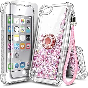 NGB iPod Touch 7 Case, iPod Touch 6/5 Case with HD Screen Protector and Ring Holder for Girls Women Kids, Glitter Liquid Soft TPU Clear Cute Case for Apple iPod Touch 7th/6th/5th Generation -Rose Gold