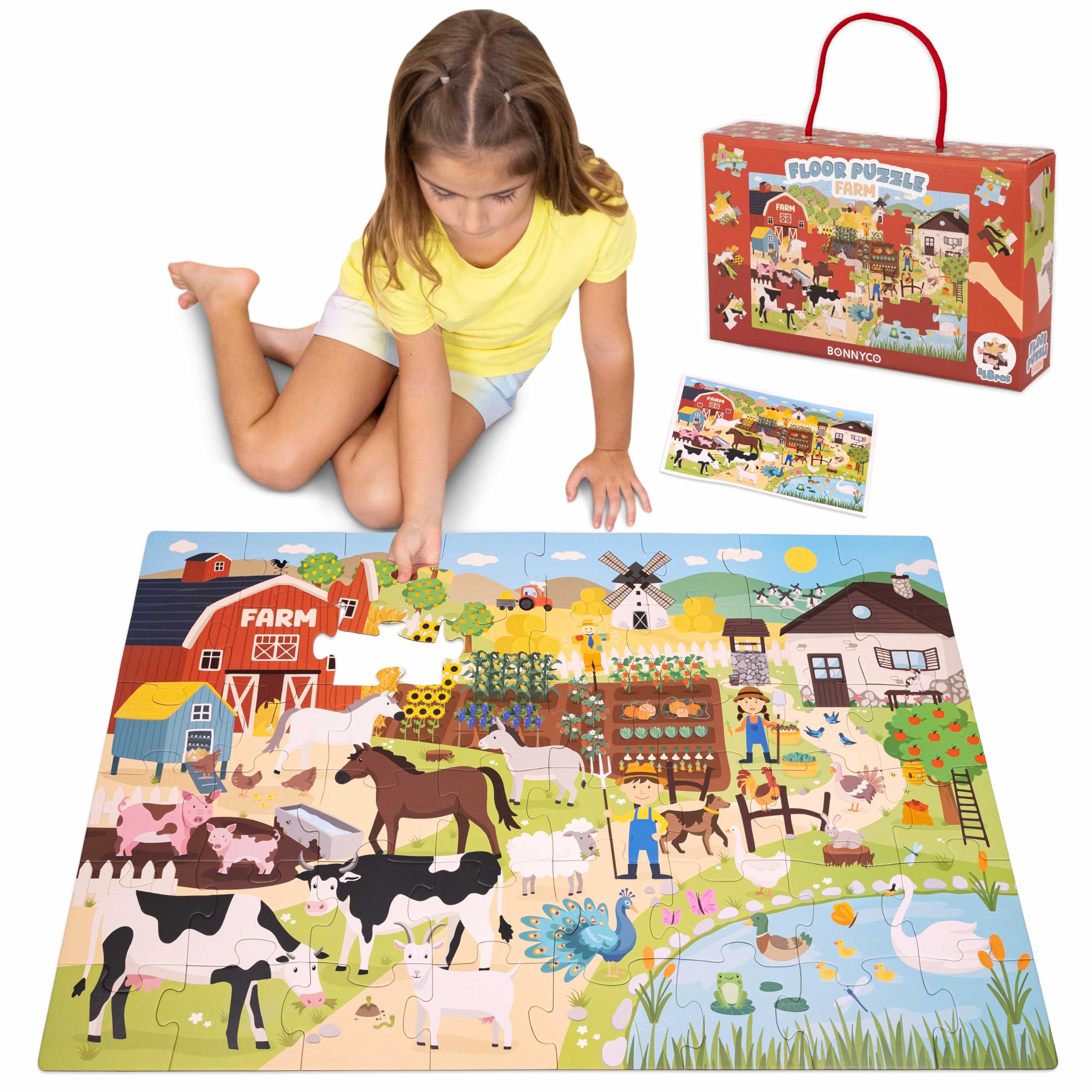 BONNYCO Giant Floor Puzzle of Farm Animals with 48 Large Pieces. Jigsaw Puzzles for Kids 36.2 x 24.4 in, Gifts for Boys and Girls, Educational Toys Ages 2-8