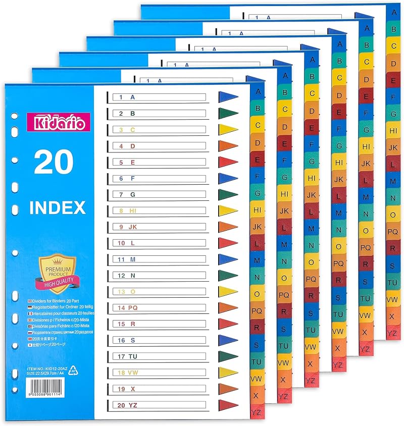 FUYOAL A4 File Dividers 6 Pack 20 Part A-Z Multi Hole PP Binder Dividers
