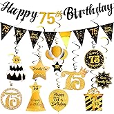 Hapdoo 75th Birthday Decorations Set - 75th Birthday Decorations Men Happy 75th Birthday Banner Triangle Flag Hanging Swirls Streamers for Women Men Birthday Party Decorations Supplies, Black and Gold