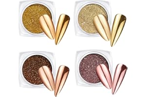 BEETLES GEL POLISH Beetles Metallic Chrome Nail Powder Mirror Effect Gold Champagne Chrome Powder 4 colors Brown Nails Art Design Manicure Decoration Glitter, 0.5g/Jar Holiday Gift for Women Girls