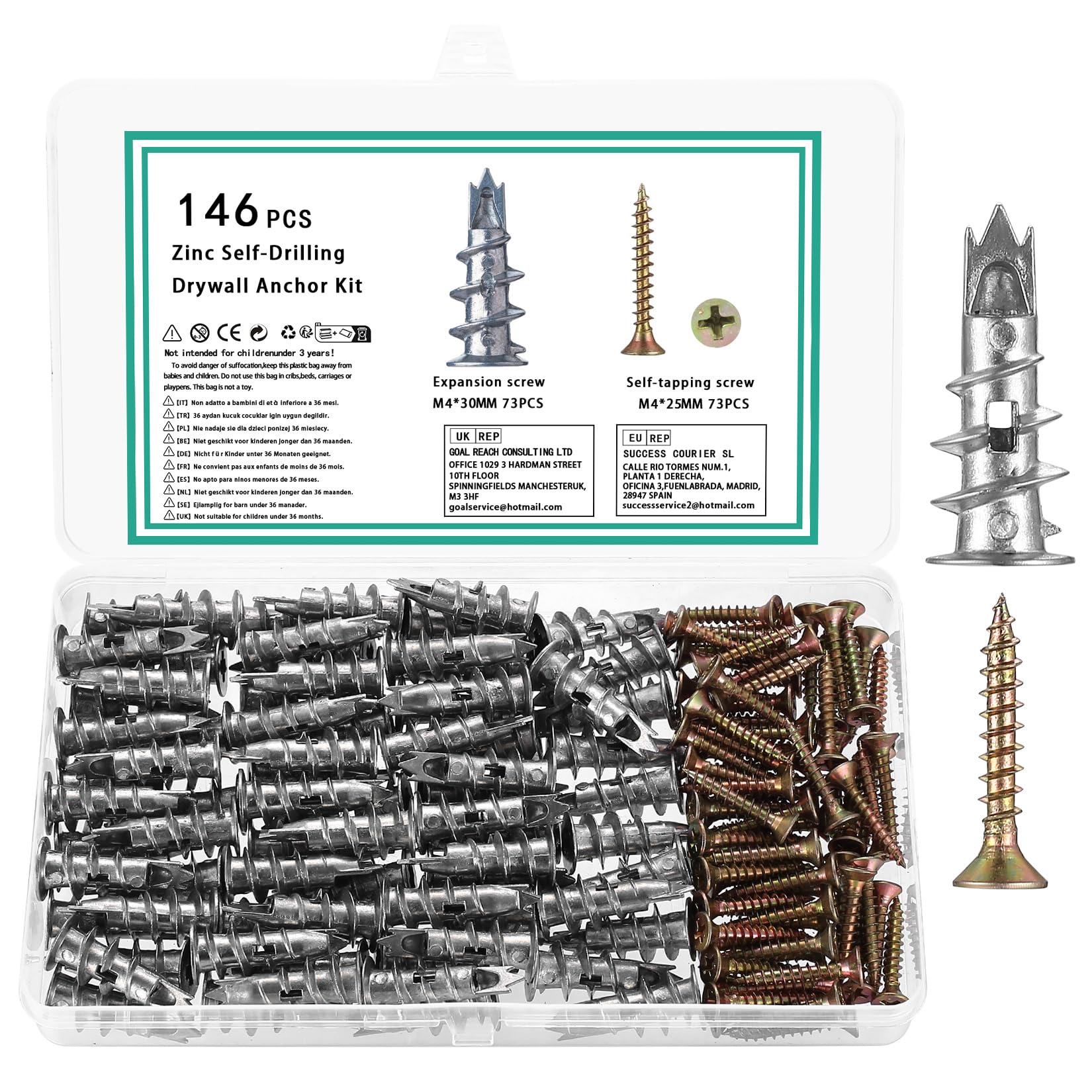 146 Pcs M4 Self Drilling Plasterboard Fixings Heavy Duty, Metal Plaster Board Wall Plugs and Screws Fixings, Drywall Hollow Cavity Wall Fixings Anchors Raw Plugs with Screws and Wall Plugs Set